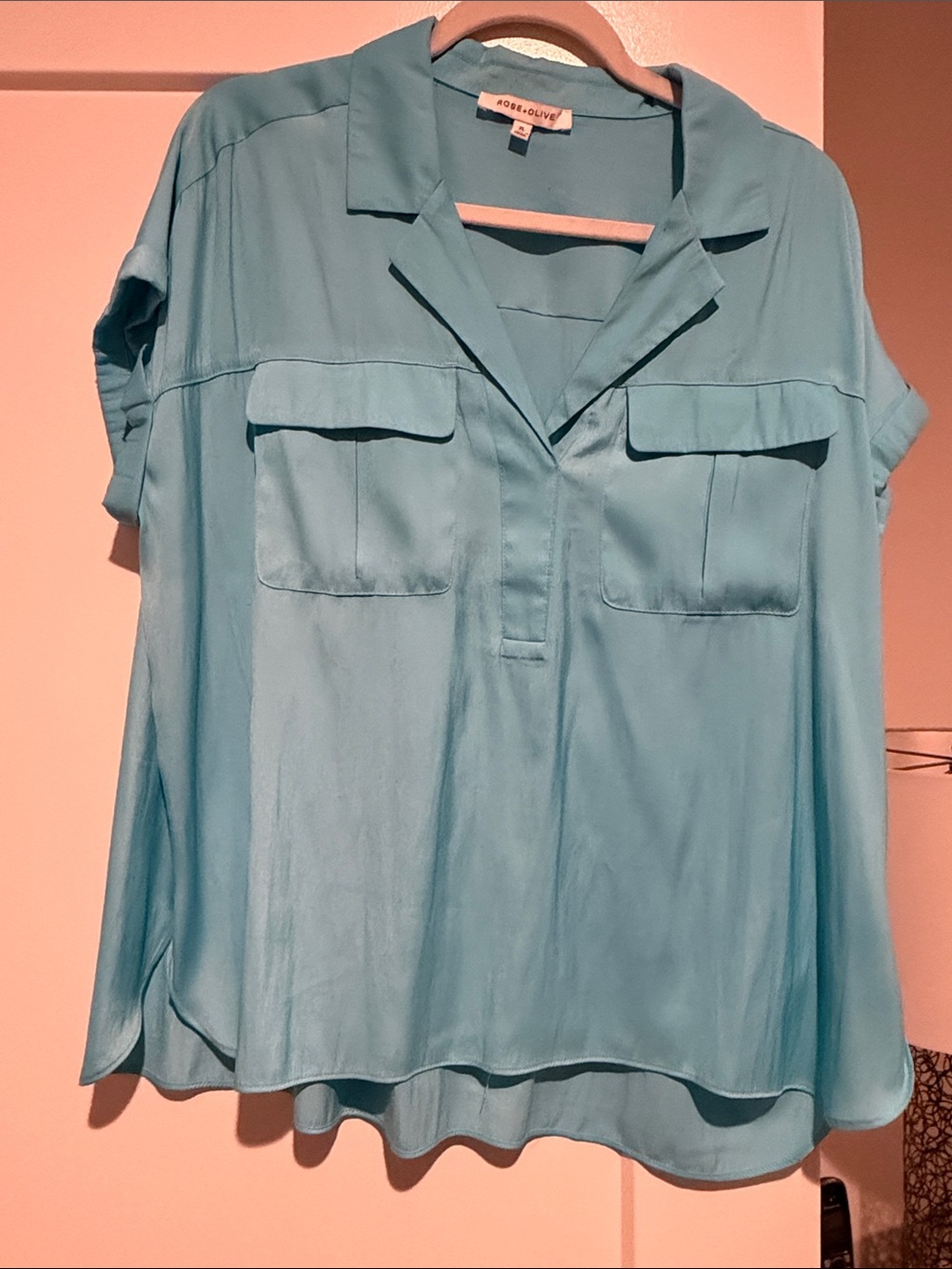 Rose and Olive Aqua Blue Short-Sleeve Utility Blouse